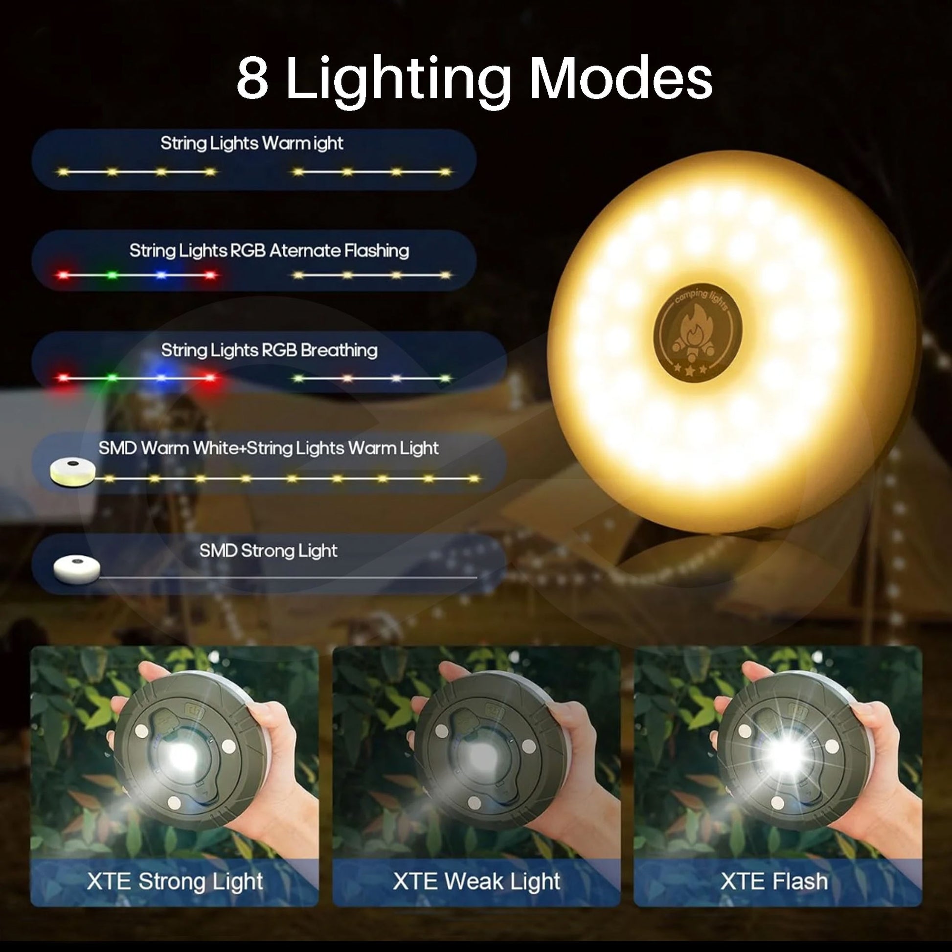Retractable Rechargeable Camping String Lights 15 Eight Lighting Modes