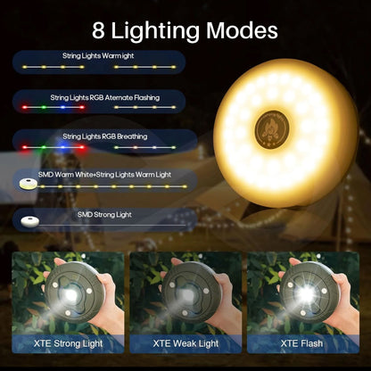 Retractable Rechargeable Camping String Lights 15 Eight Lighting Modes