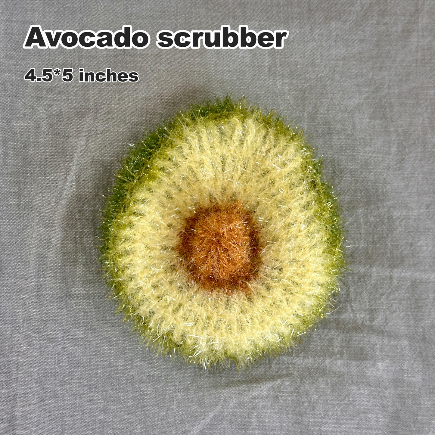 Avocado-shaped scrubber with text indicating size and type on a gray background