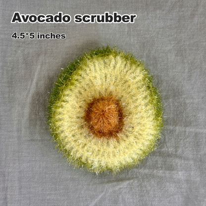Avocado-shaped scrubber with text indicating size and type on a gray background