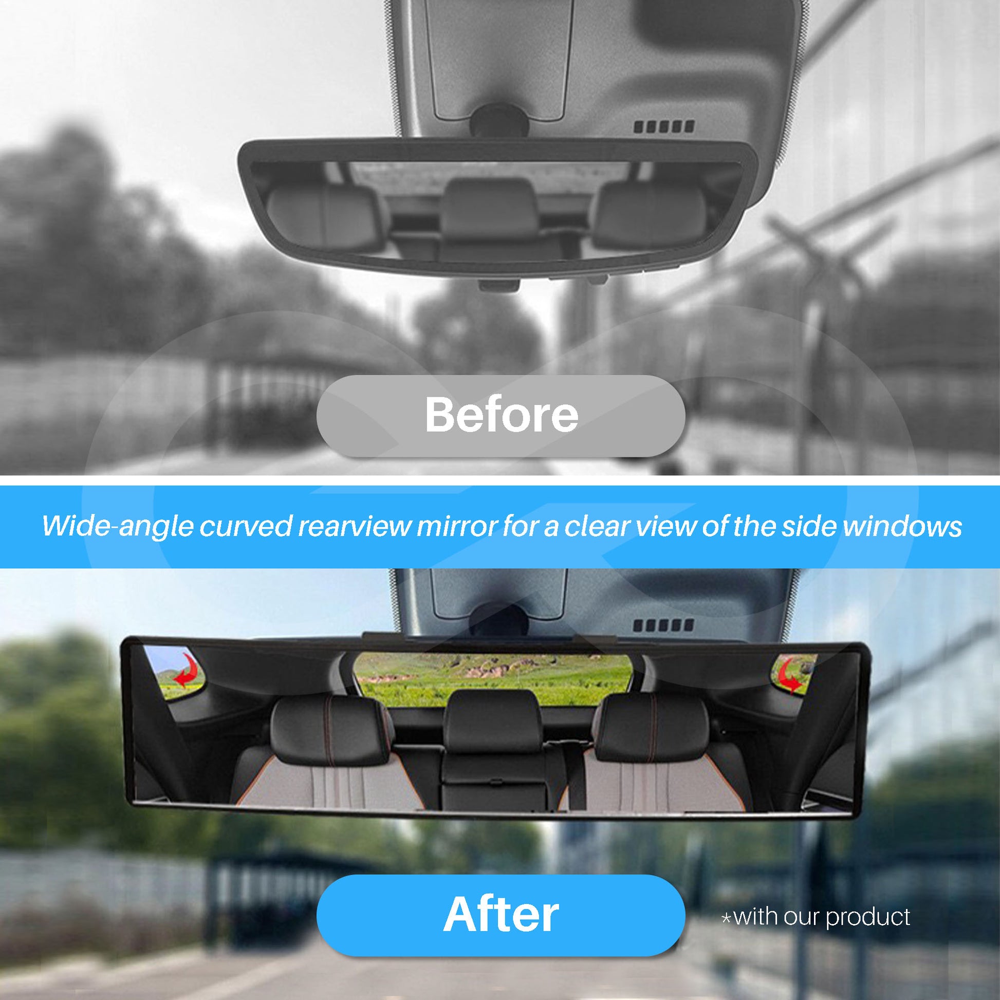 Before and after comparison of a wide-angle rearview mirror in a car.