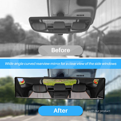 Before and after comparison of a wide-angle rearview mirror in a car.