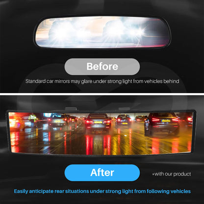 Comparison of a standard car mirror and a night vision wide angle mirror showing improved visibility under strong light.