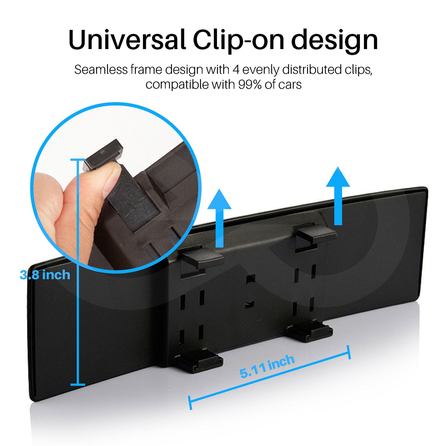 Black clip-on car mount with measurements and text on a white background