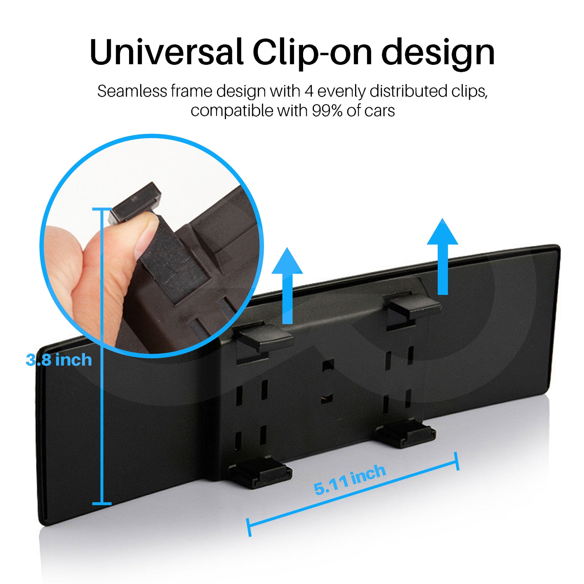 Black clip-on car mount with measurements and text on a white background
